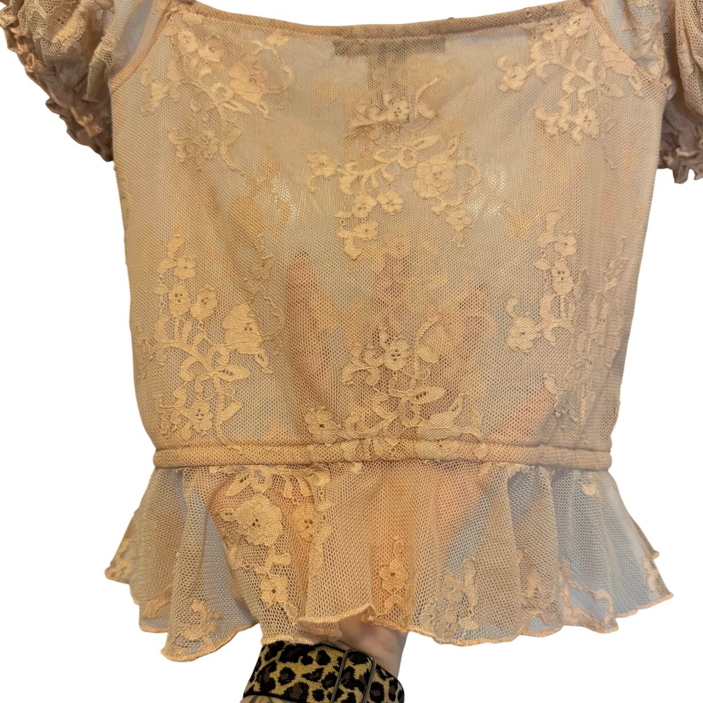 Sheer Lace Milkmaid Top S Peach Peplum Puff Sleeve Coquette Corset Fairy Pastel - Picture 6 of 9